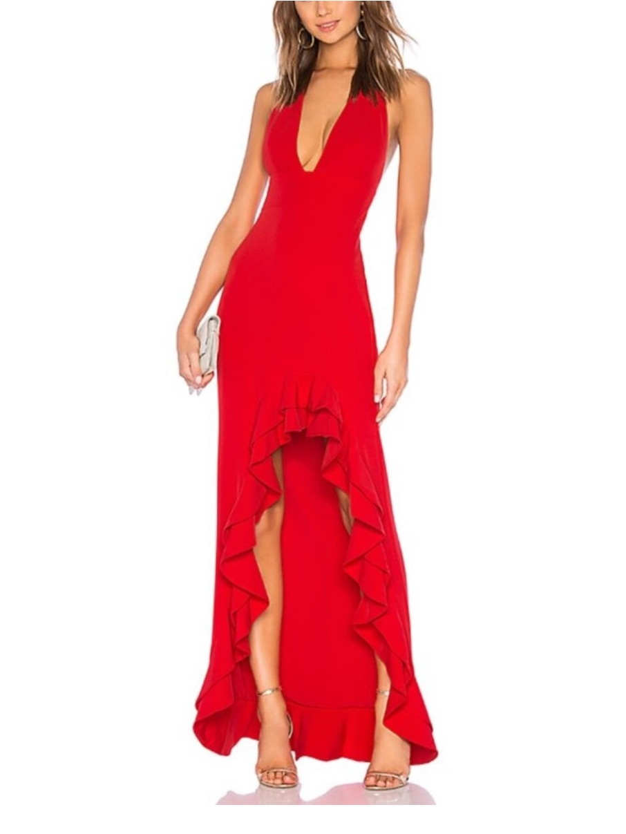 Lovers + Friends Fama Red Halter High Low Ruffle Gown Xxs Euc